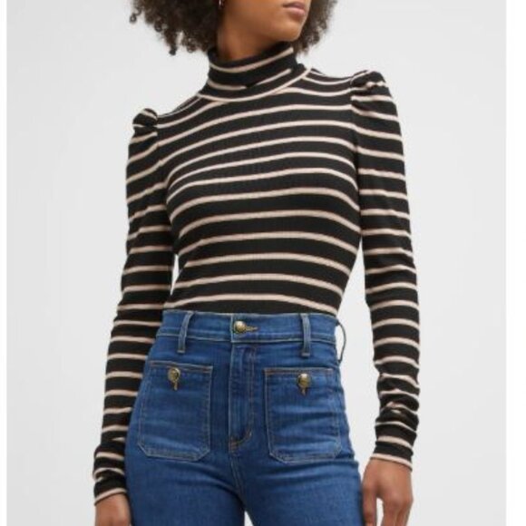 VERONICA BEARD Striped Cedar Turtleneck Top Sz M Black Stripe Puff Shoulder - Picture 1 of 7
